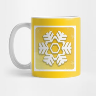 Snowflake Winter Holiday Christmas Kids Party Decoration. White Snowflake on yellow christmas tree background. Mug